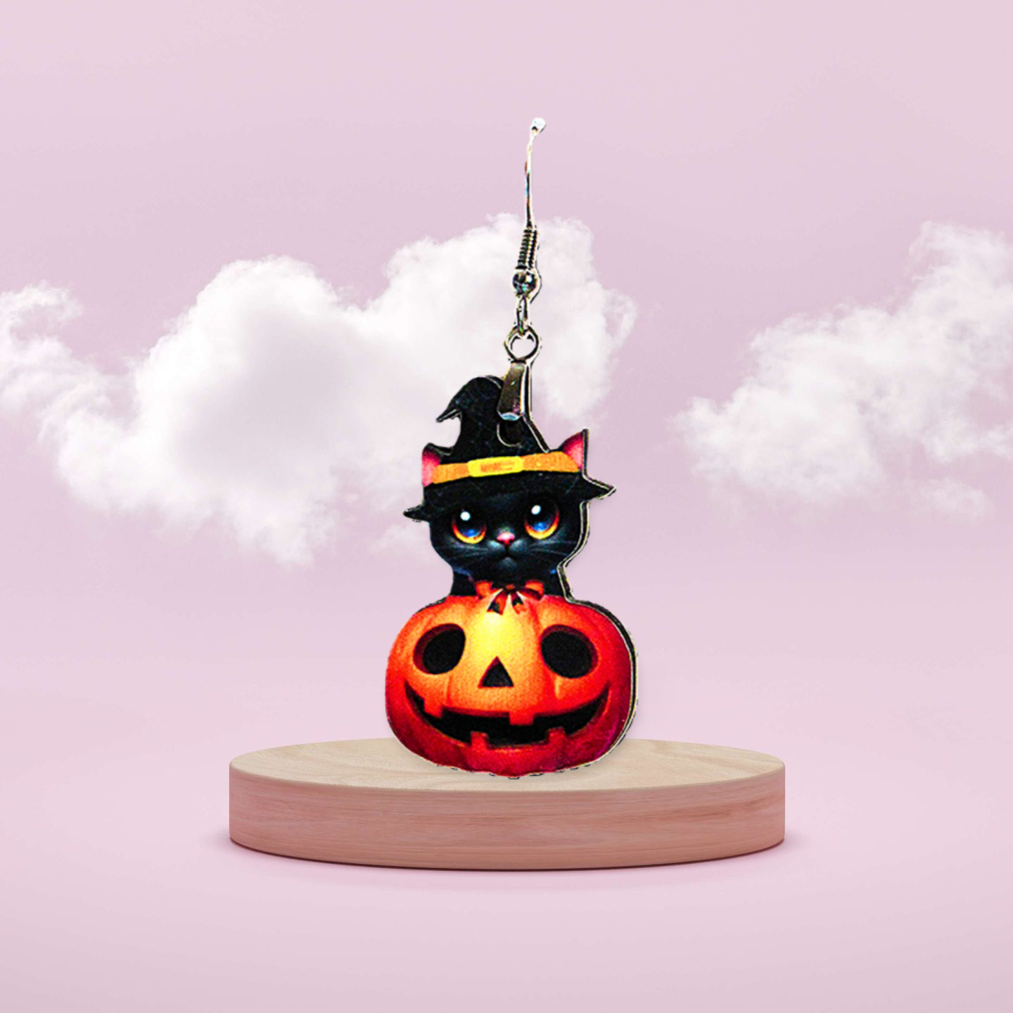 Cat in a Pumpkin Shaped Sublimated Earrings