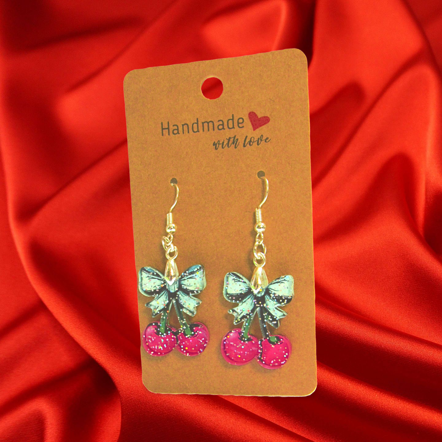 Glitter Acrylic Cherries with Bow Shaped Sublimated Earrings 1 inch