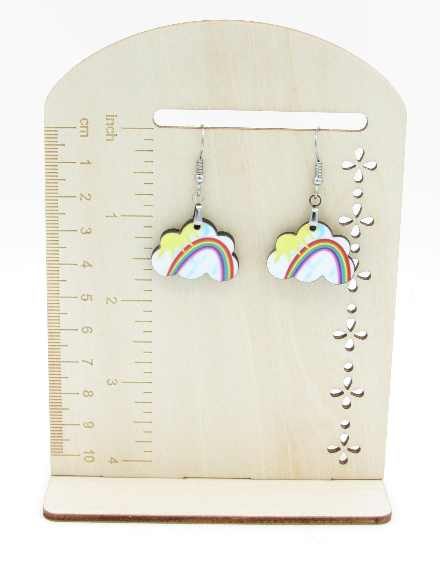 Wooden Cloud Moon Star Earrings, Whimsical Night Sky Dangle Jewelry