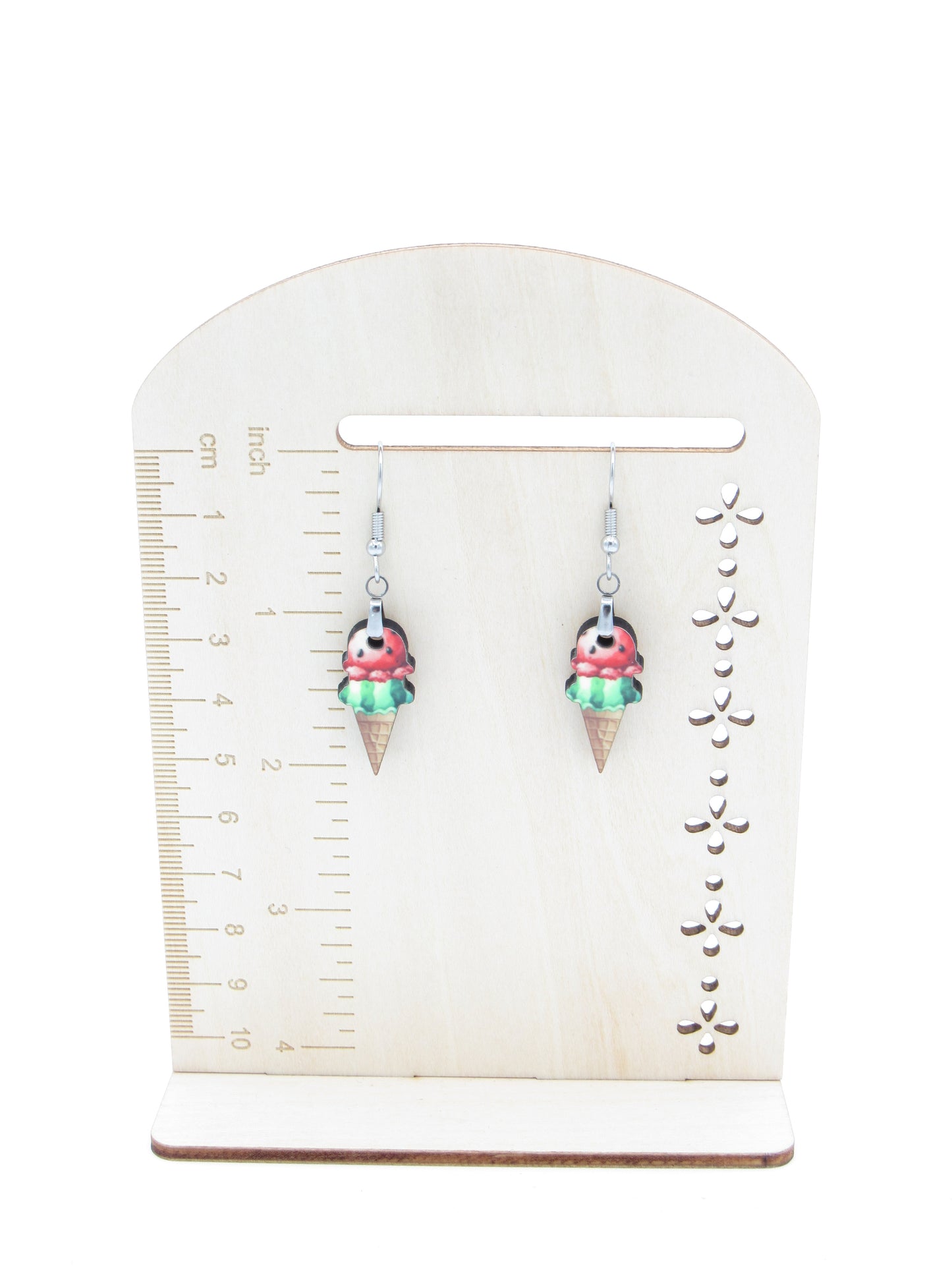 Ice Cream Cone Earrings, Sublimated MDF, Hypoallergenic Stainless Steel Wires