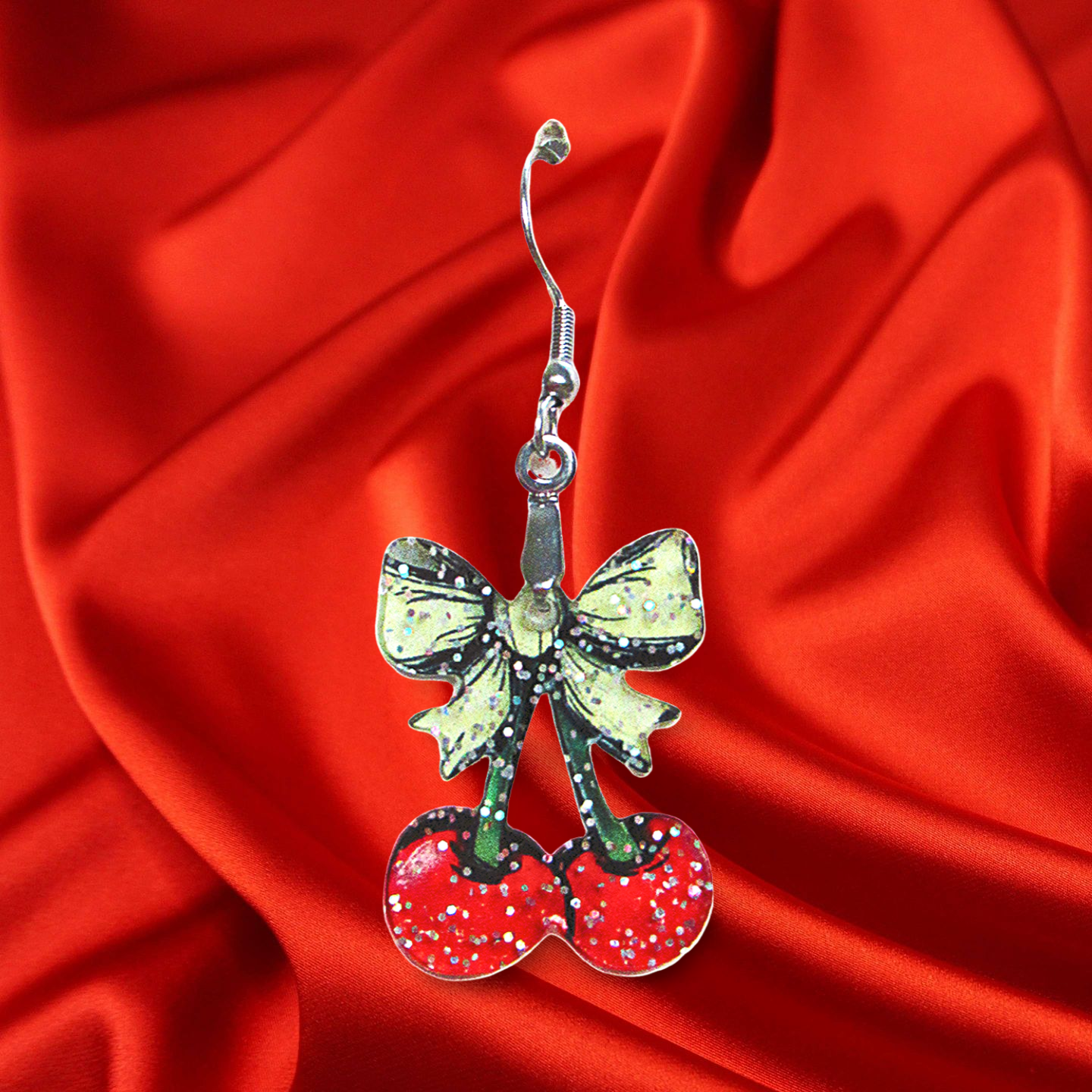 Glitter Acrylic Cherries with Bow Shaped Sublimated Earrings 1 inch