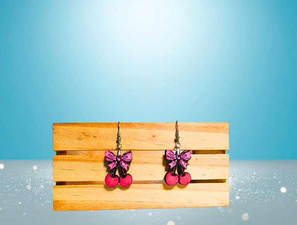 MDF-Cherries with Bow Shaped Sublimated Earrings 1 inch