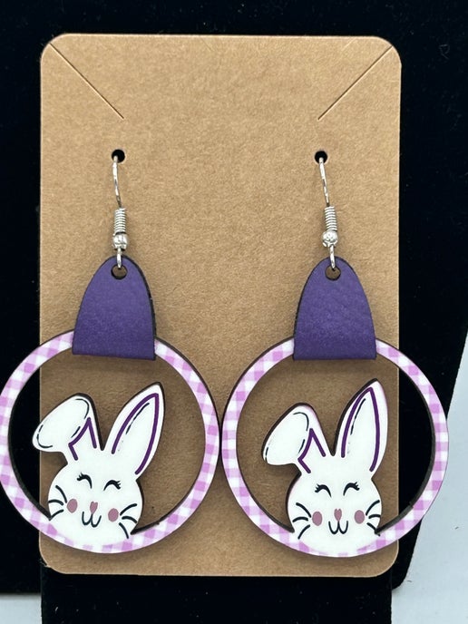 Faux Leather Bunny Round Shaped Sublimated Earrings