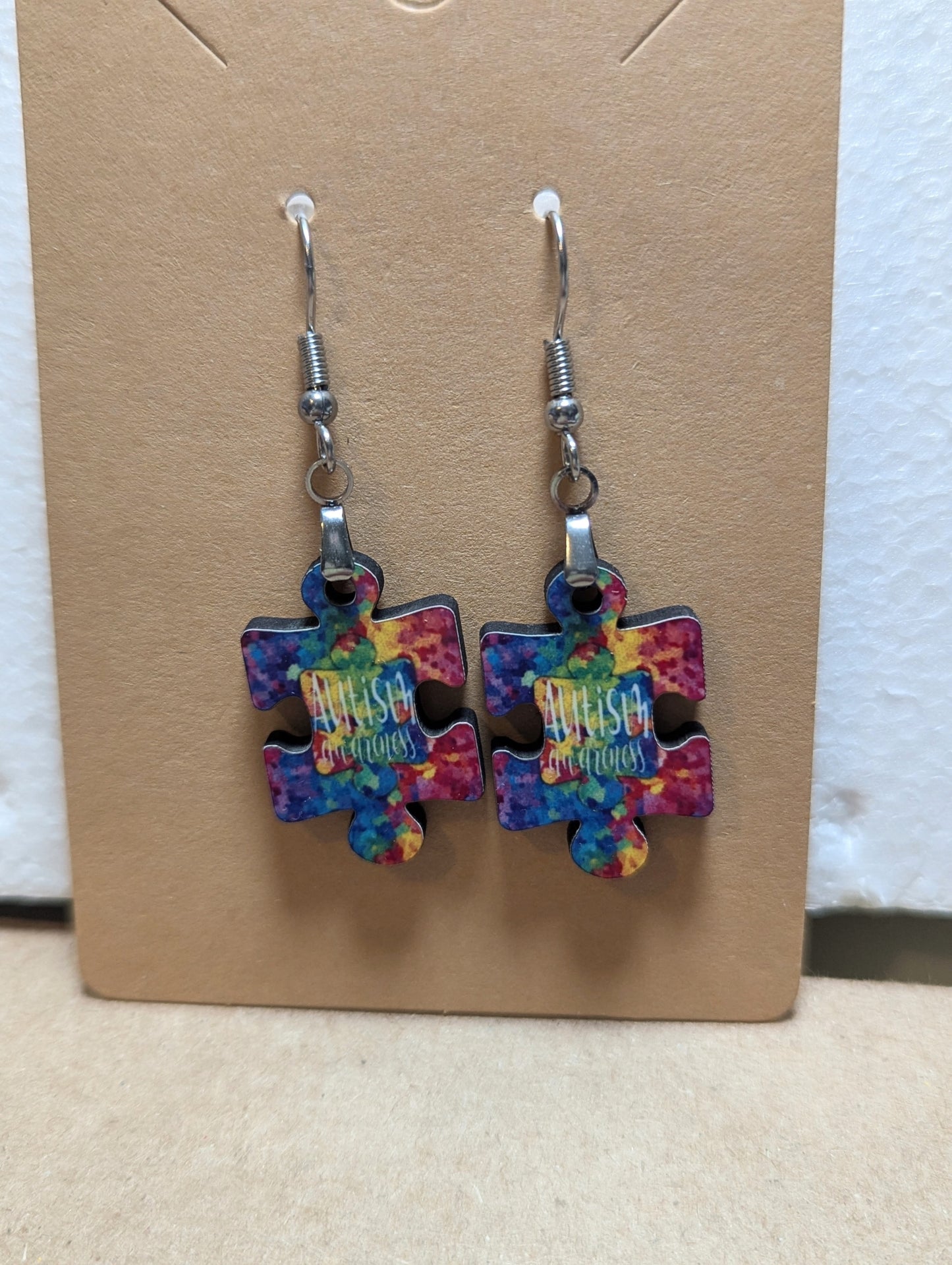 Autism Themed Puzzle Piece Shaped Sublimated Earrings 1 in.