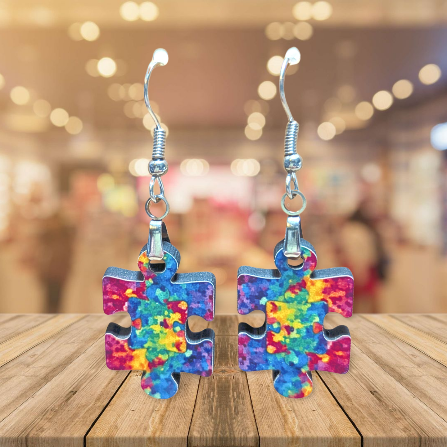 Autism Themed Puzzle Piece Shaped Sublimated Earrings 1 in.