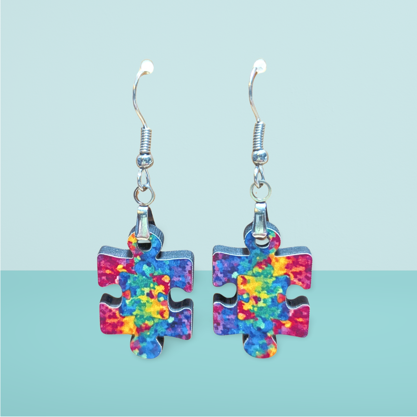 Autism Themed Puzzle Piece Shaped Sublimated Earrings 1 in.