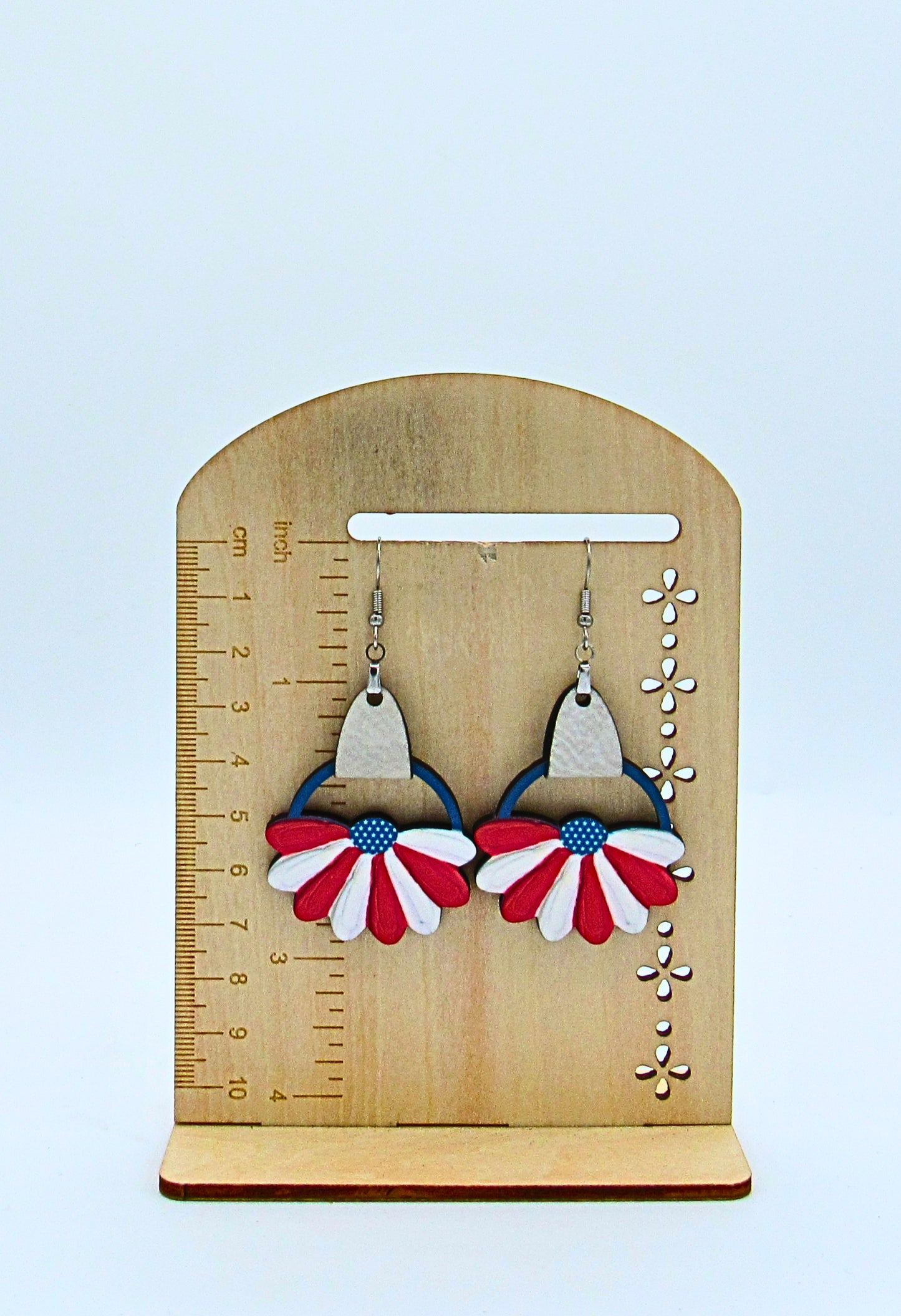 MDF and Faux Leather-Round Sunflower Shaped Sublimated Earrings 1.5 inch Patriotic