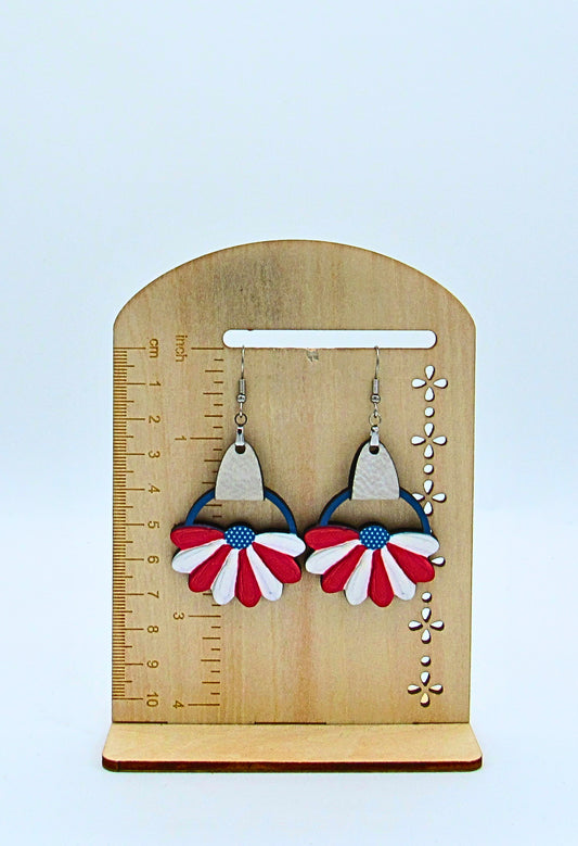MDF and Faux Leather-Round Sunflower Shaped Sublimated Earrings 1.5 inch Patriotic