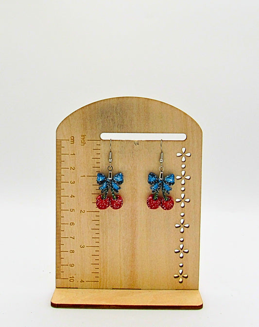 Glitter Acrylic Cherries with Bow Shaped Sublimated Earrings 1 inch