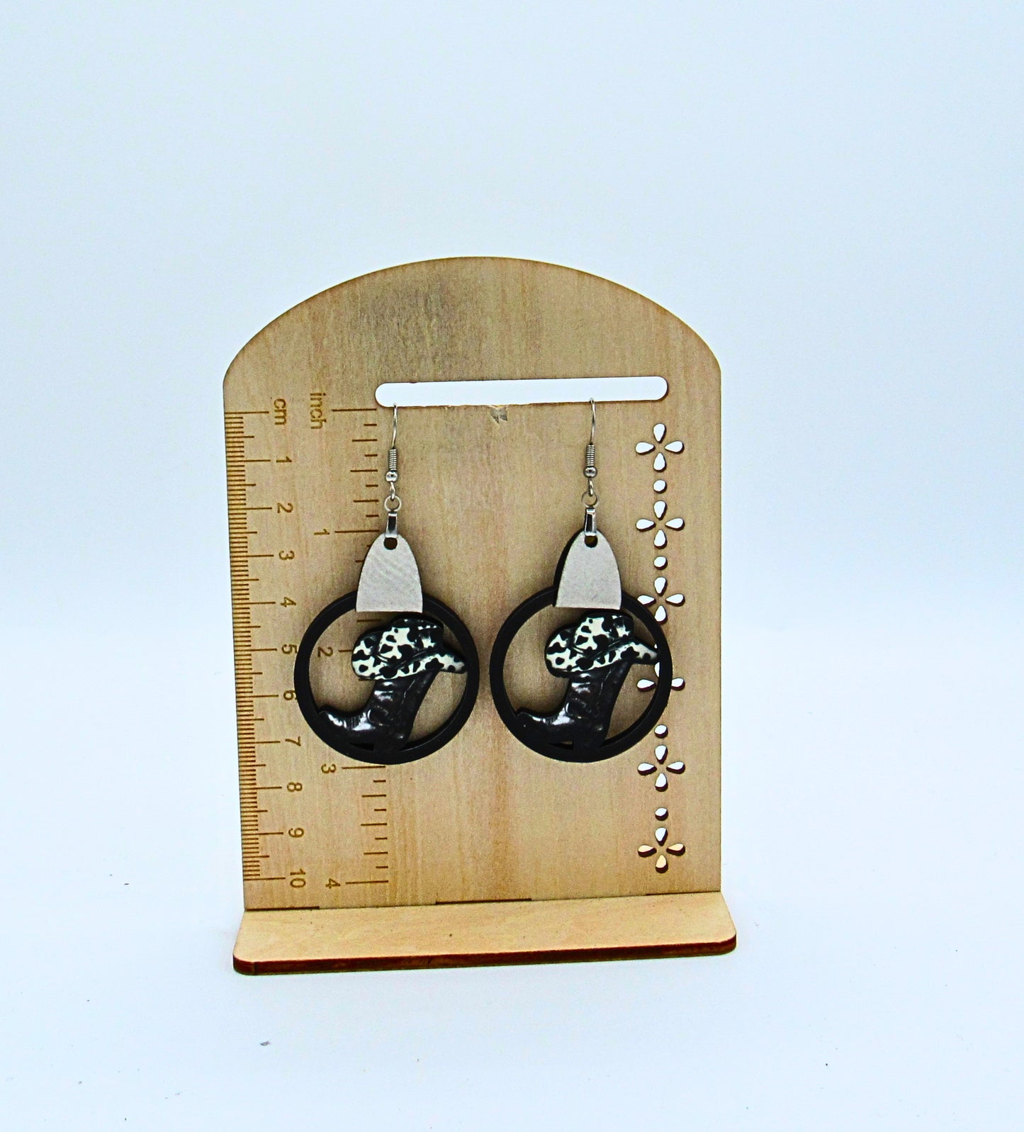 MDF and Faux leather Round Cowboy Boot and Hat Shaped Sublimated Earrings 1.5 inch