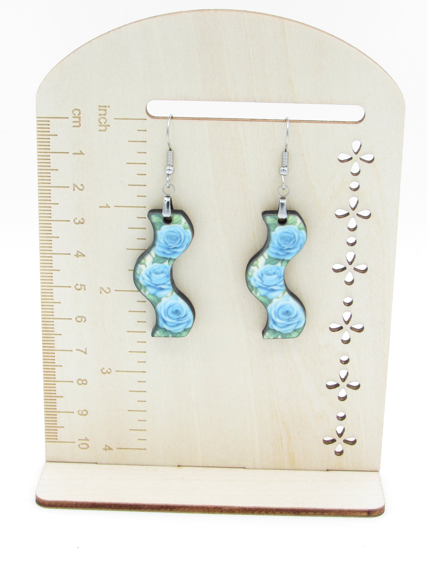 Floral Curvy Sublimation Earrings, Wavy MDF Wood Dangle Earrings, 1.5 Inch Botanical Flower Jewelry