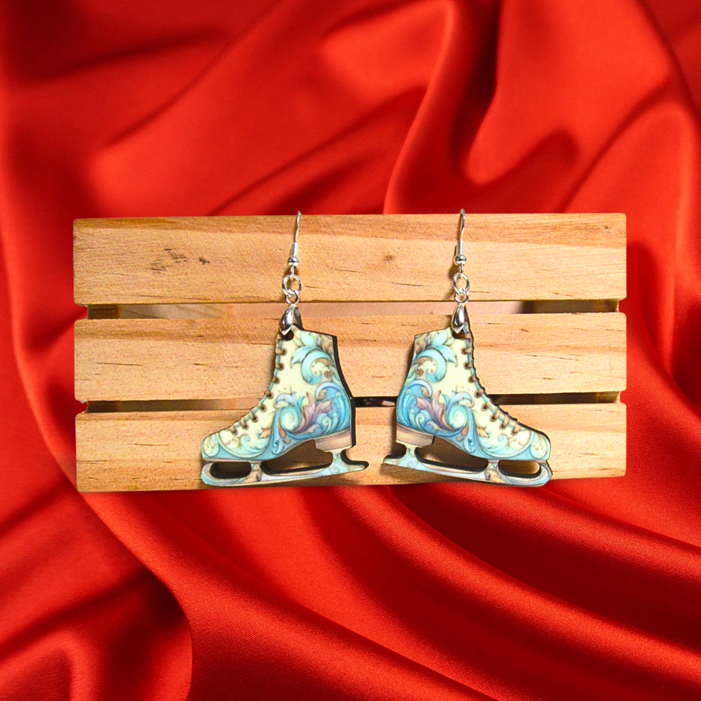 Ice Skate Shaped Sublimated Earrings 1.5 inch Swirls