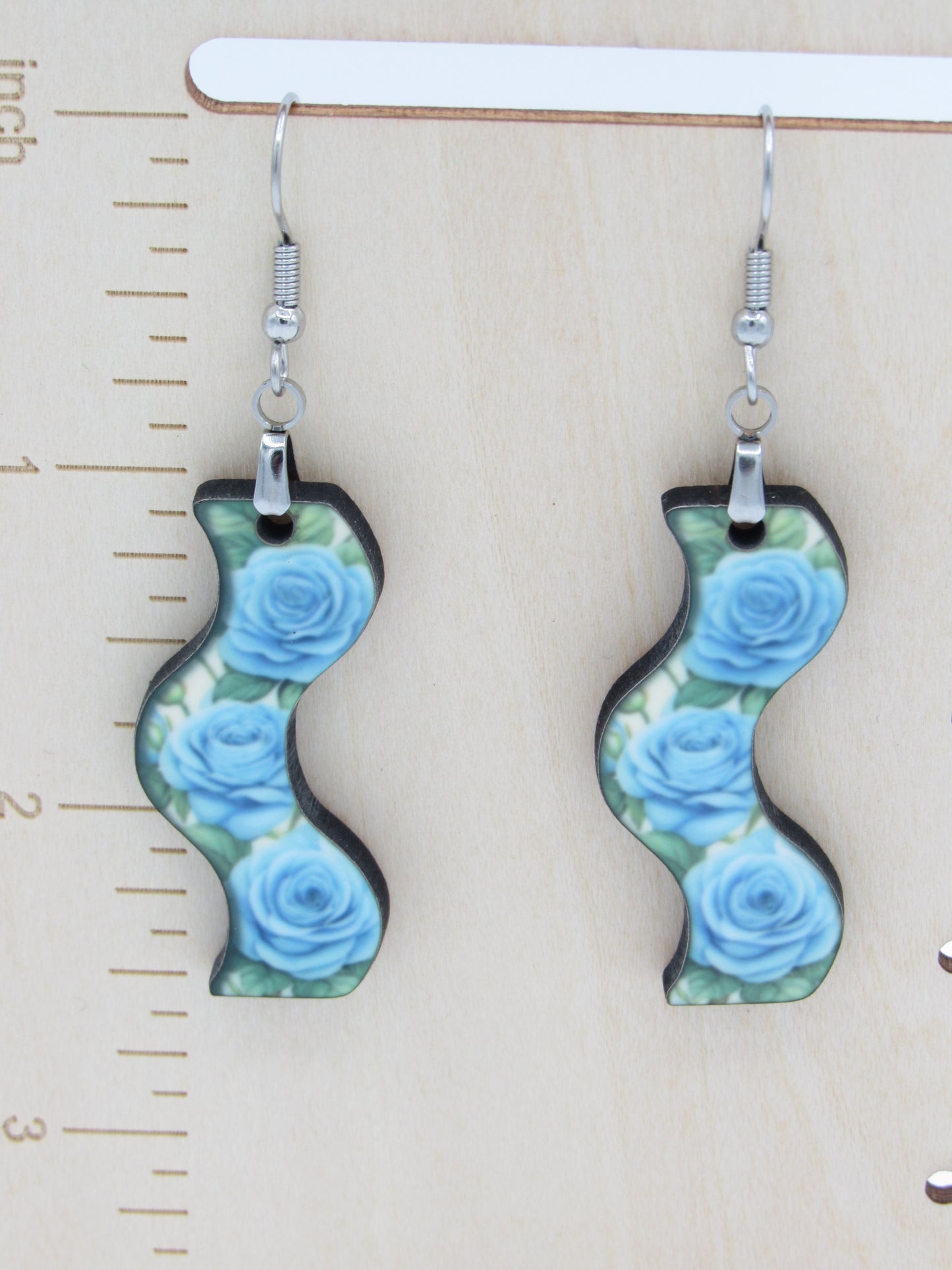 Floral Curvy Sublimation Earrings, Wavy MDF Wood Dangle Earrings, 1.5 Inch Botanical Flower Jewelry