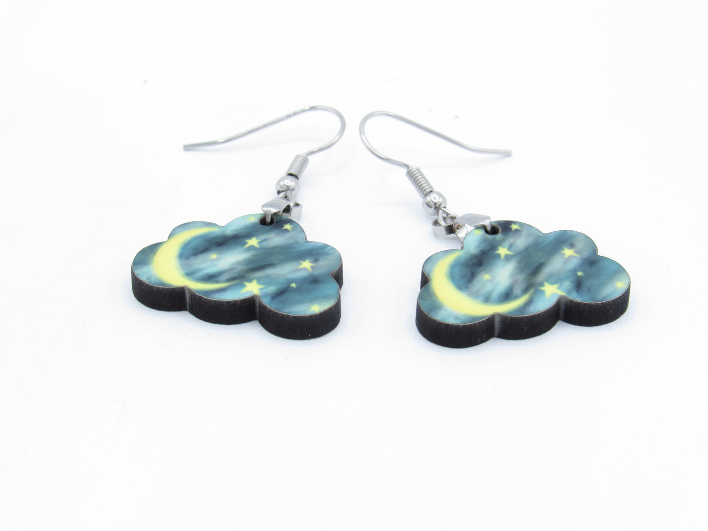 Wooden Cloud Moon Star Earrings, Whimsical Night Sky Dangle Jewelry