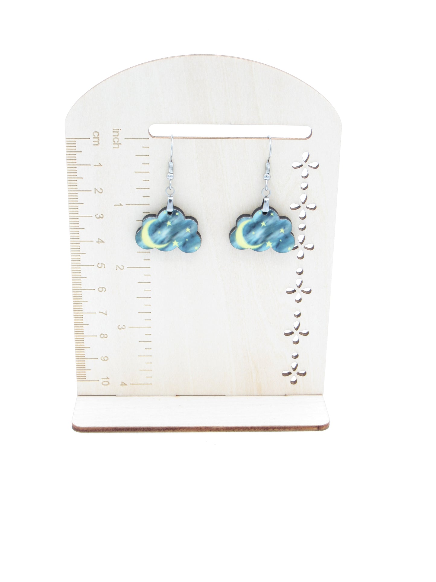 Wooden Cloud Moon Star Earrings, Whimsical Night Sky Dangle Jewelry