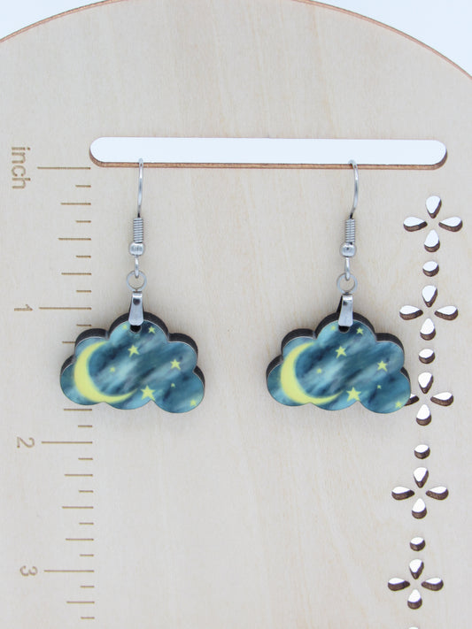 Wooden Cloud Moon Star Earrings, Whimsical Night Sky Dangle Jewelry