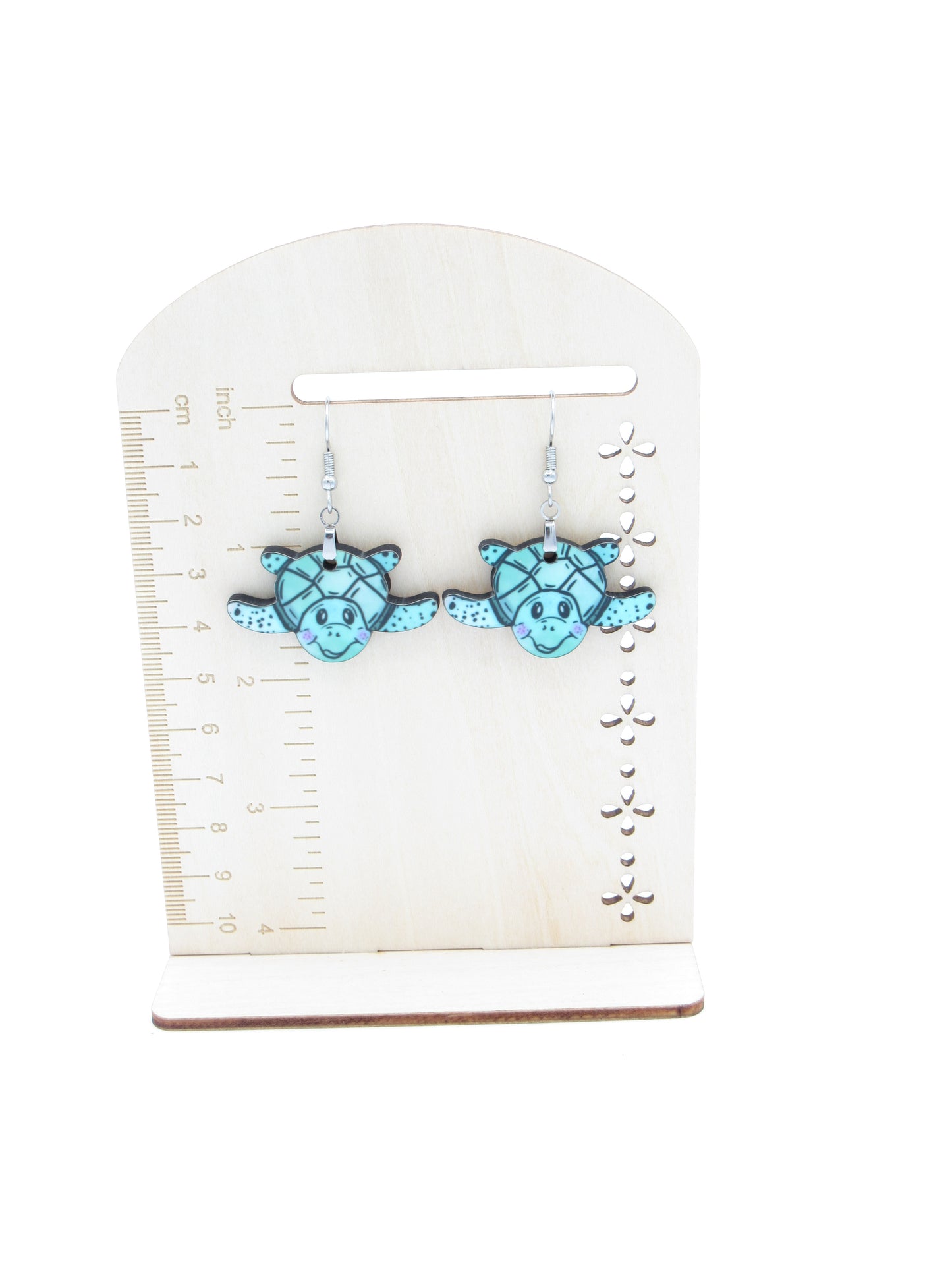 Sea Turtle Dangle Earrings, Sublimated MDF Coastal Jewelry, Stainless Steel Hooks