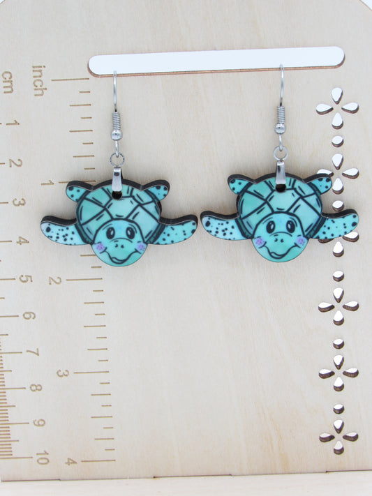 Sea Turtle Dangle Earrings, Sublimated MDF Coastal Jewelry,