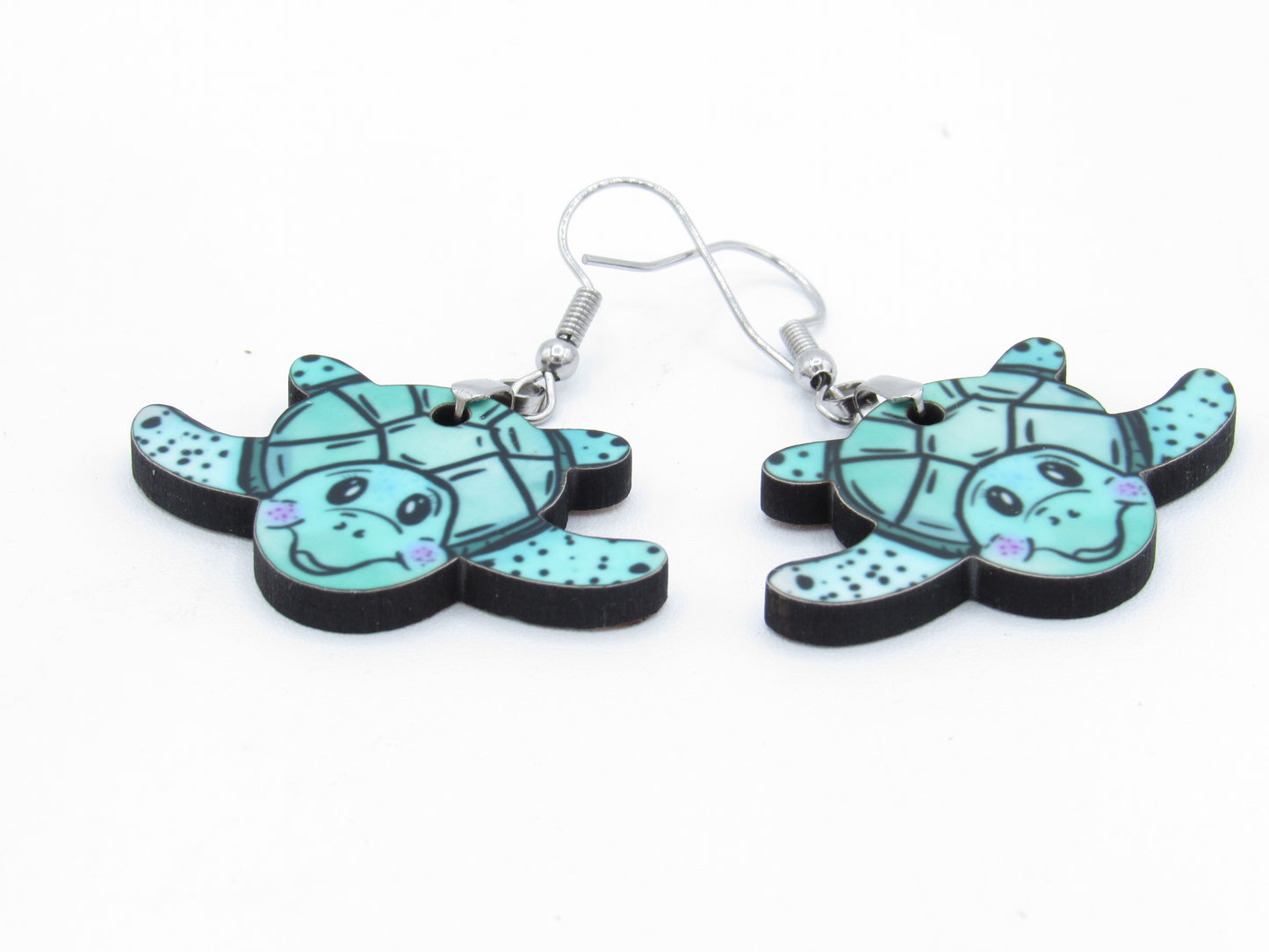 Sea Turtle Dangle Earrings, Sublimated MDF Coastal Jewelry, Stainless Steel Hooks