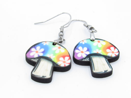 Floral Mushroom MDF Dangle Earrings, Cottagecore Jewelry