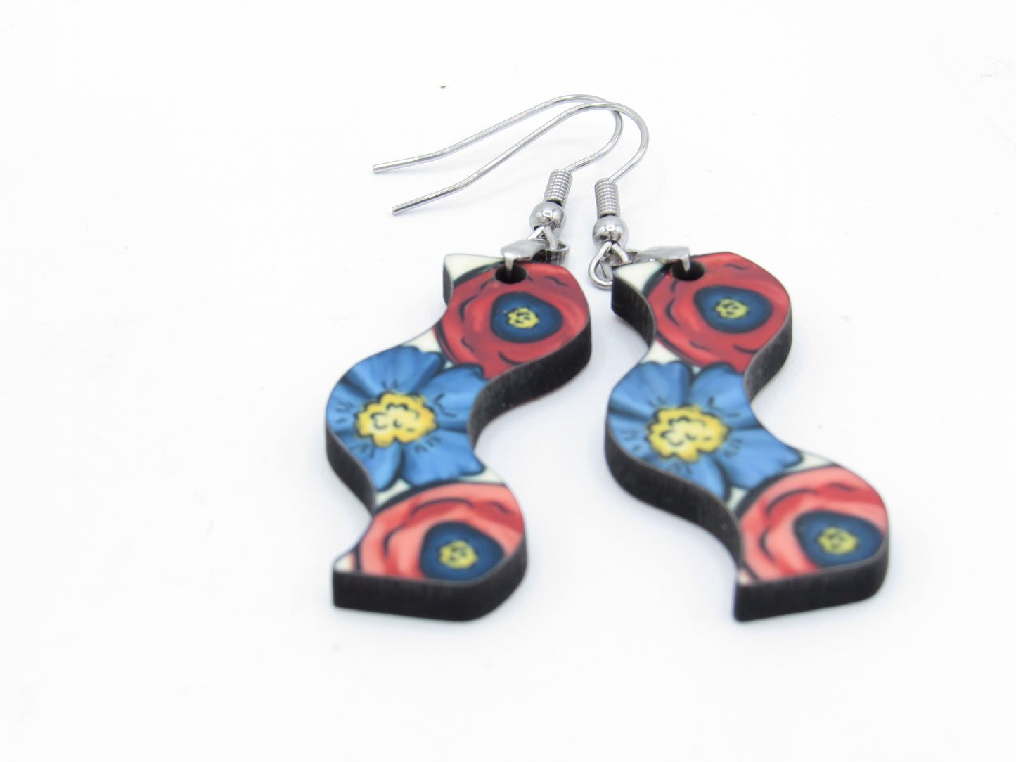 Floral Curvy Sublimation Earrings, Wavy MDF Wood Dangle Earrings, 1.5 Inch Botanical Flower Jewelry