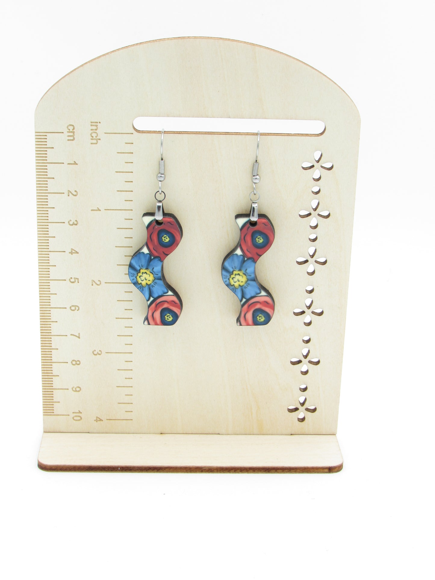 Floral Curvy Sublimation Earrings, Wavy MDF Wood Dangle Earrings, 1.5 Inch Botanical Flower Jewelry