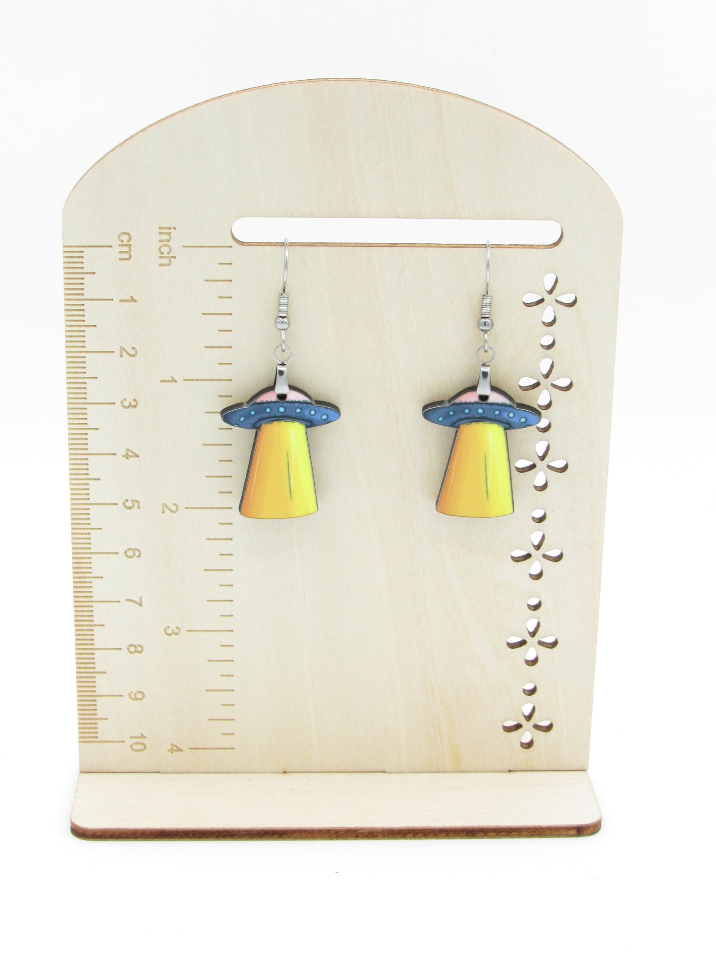 UFO Shaped Sublimated MDF Earrings, 1-Inch Flying Saucer Dangles, Stainless Steel Space Jewelry