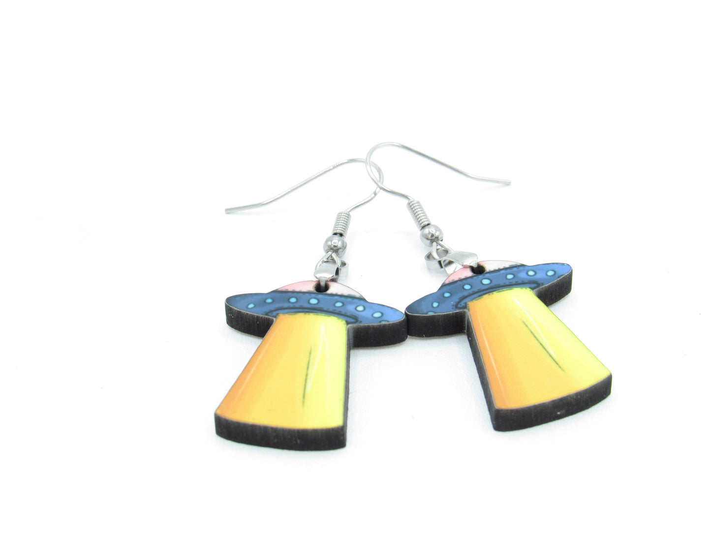 UFO Shaped Sublimated MDF Earrings, 1-Inch Flying Saucer Dangles, Stainless Steel Space Jewelry