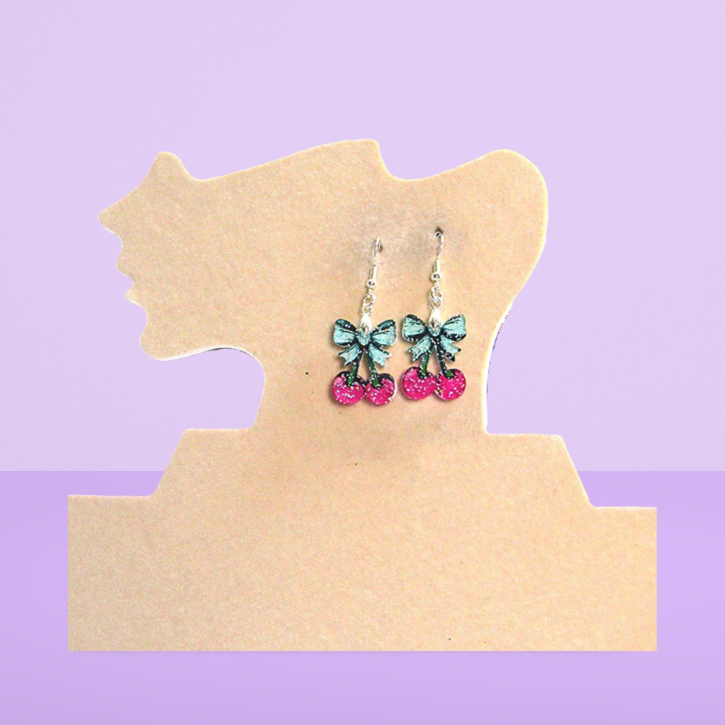 Glitter Acrylic Cherries with Bow Shaped Sublimated Earrings 1 inch