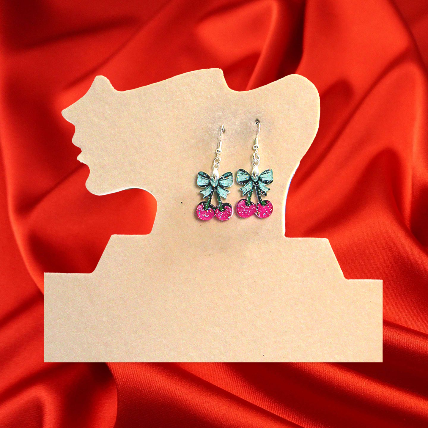 Glitter Acrylic Cherries with Bow Shaped Sublimated Earrings 1 inch