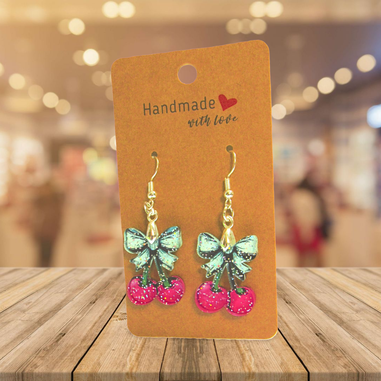 Glitter Acrylic Cherries with Bow Shaped Sublimated Earrings 1 inch