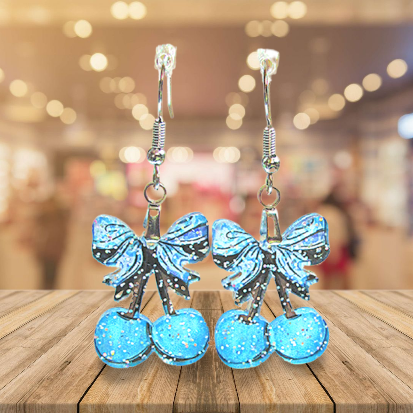 Glitter Acrylic Cherries with Bow Shaped Sublimated Earrings 1 inch