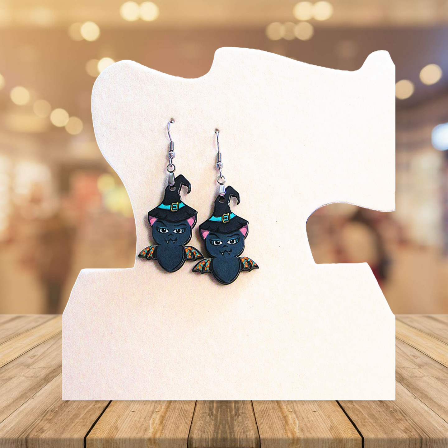 Bat with Witch Hat Shaped Sublimated Earrings 1.5 inch