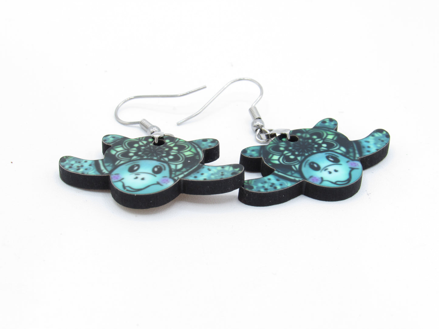 Sea Turtle Dangle Earrings, Sublimated MDF Coastal Jewelry, Stainless Steel Hooks