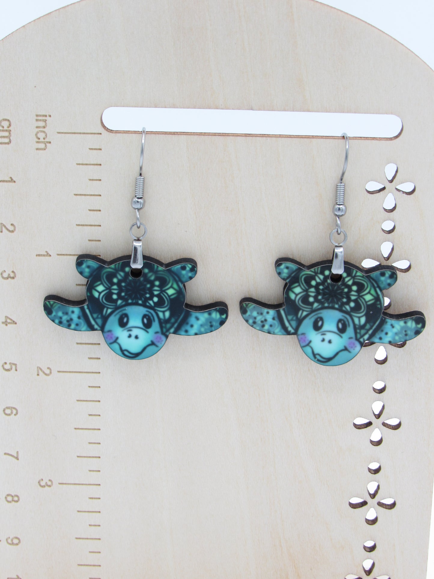 Sea Turtle Dangle Earrings, Sublimated MDF Coastal Jewelry, Stainless Steel Hooks