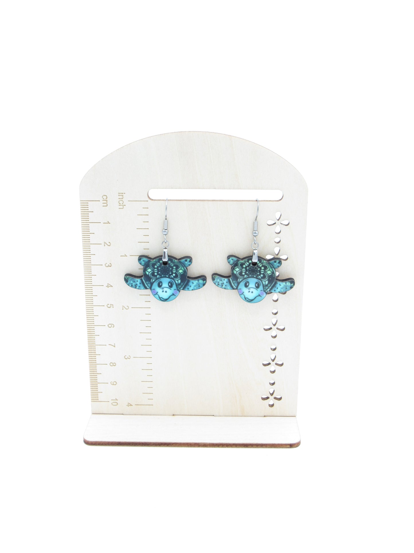 Sea Turtle Dangle Earrings, Sublimated MDF Coastal Jewelry, Stainless Steel Hooks