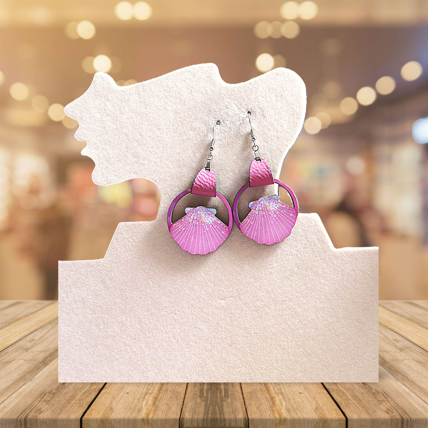 Faux Leather and Wood Clam Shell Shaped Sublimated Earrings
