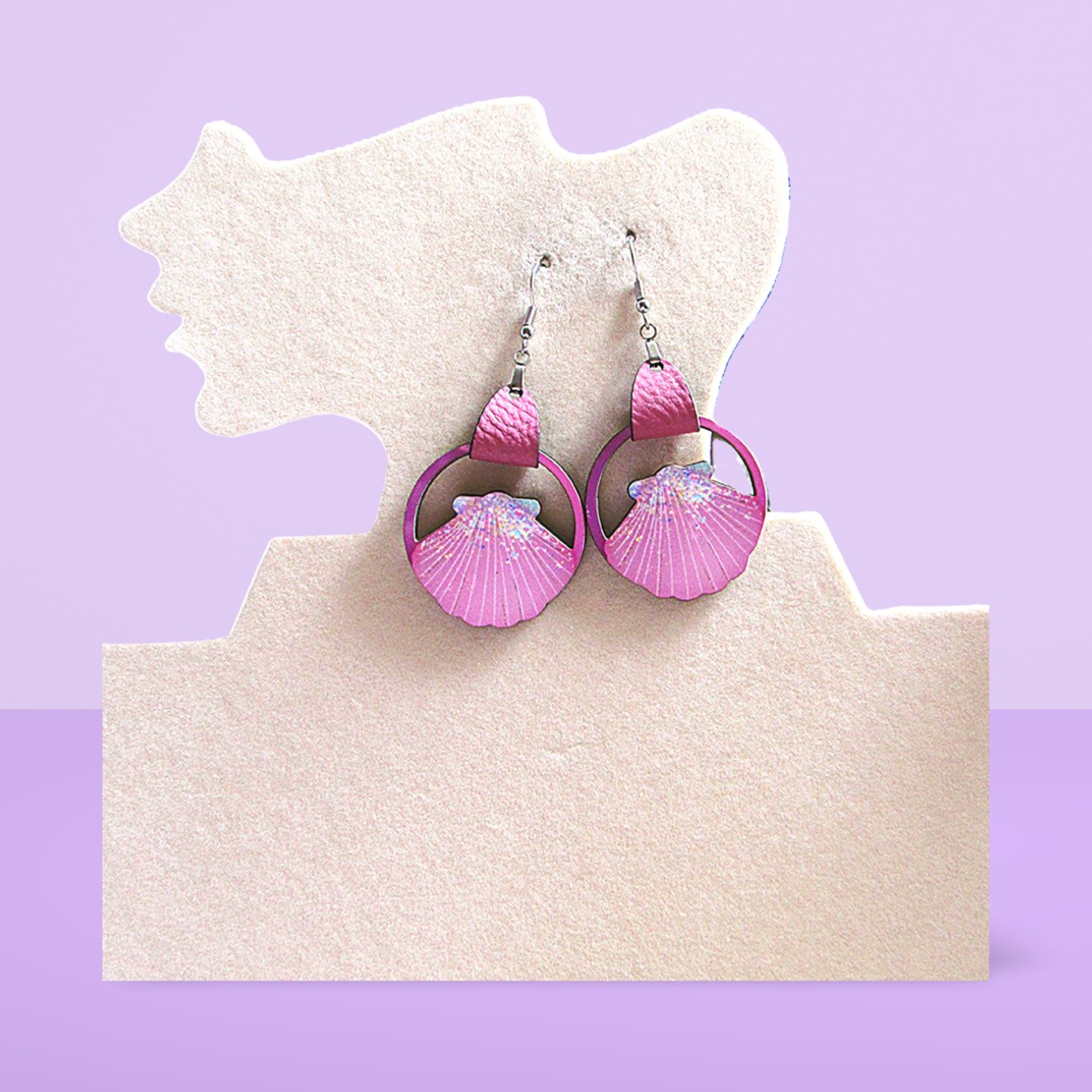 Faux Leather and Wood Clam Shell Shaped Sublimated Earrings