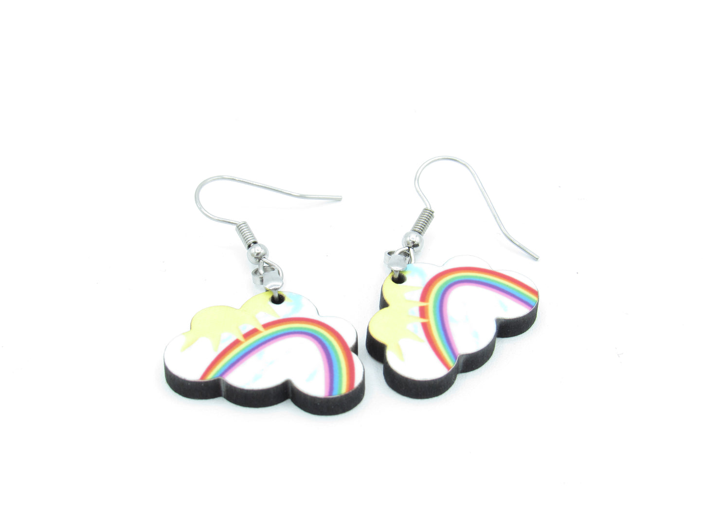 Wooden Cloud Moon Star Earrings, Whimsical Night Sky Dangle Jewelry