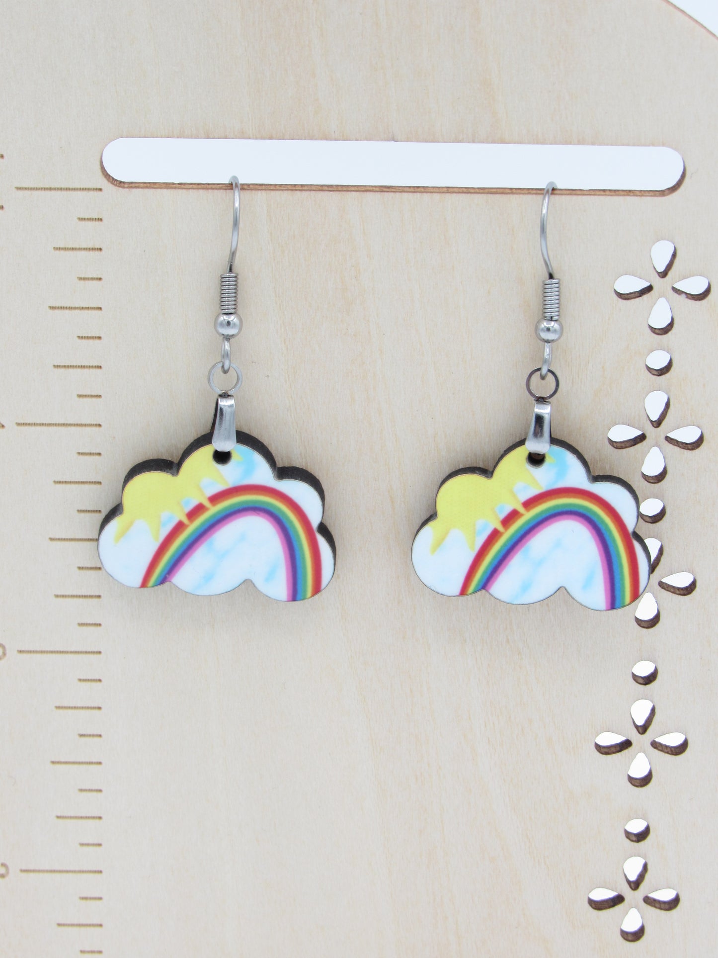 Wooden Cloud Moon Star Earrings, Whimsical Night Sky Dangle Jewelry