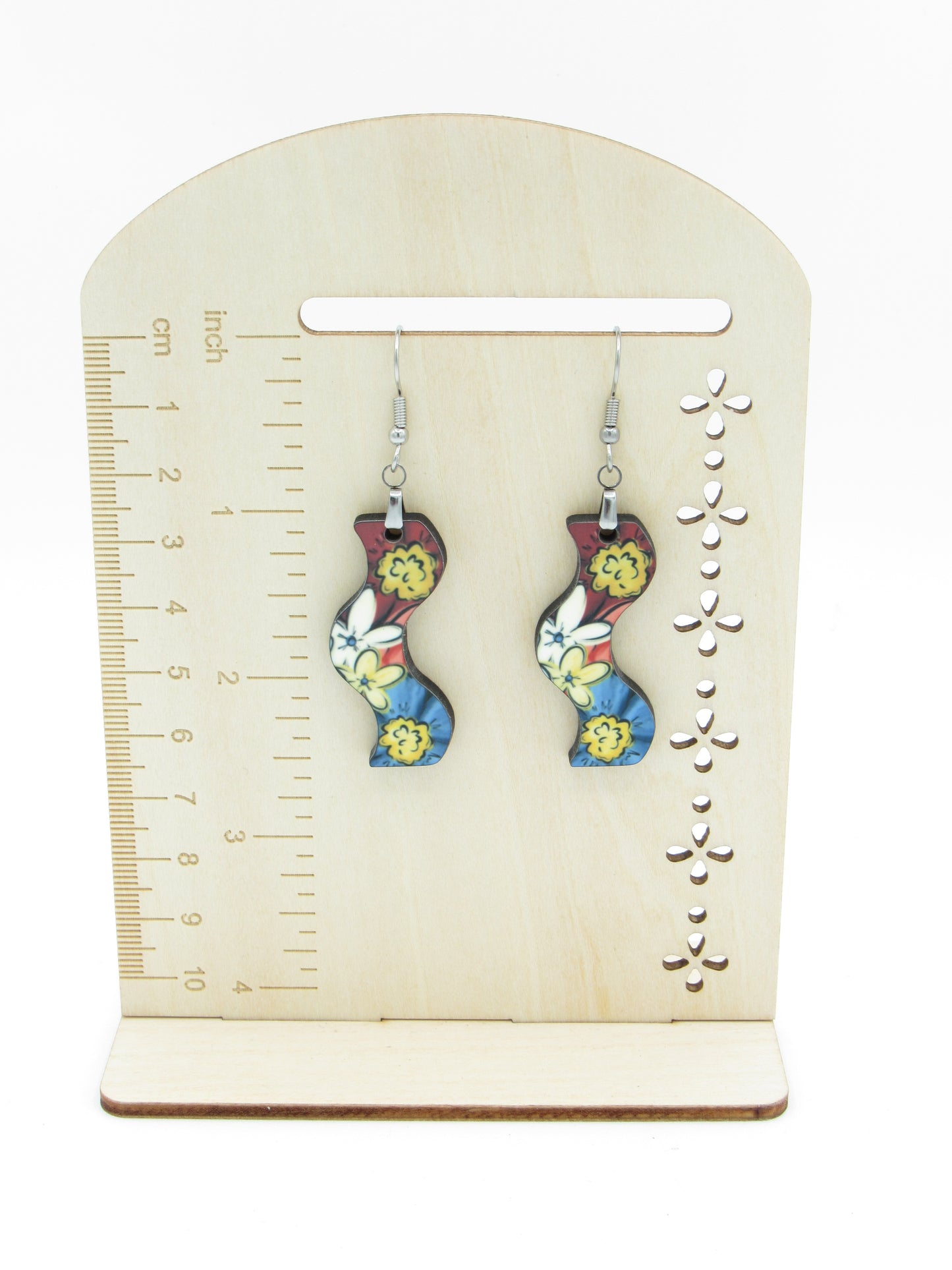 Floral Curvy Sublimation Earrings, Wavy MDF Wood Dangle Earrings, 1.5 Inch Botanical Flower Jewelry