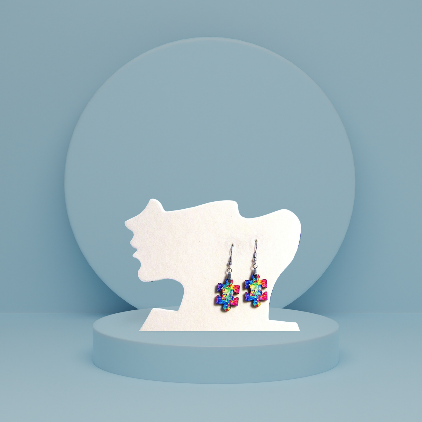 Autism Themed Puzzle Piece Shaped Sublimated Earrings 1 in.