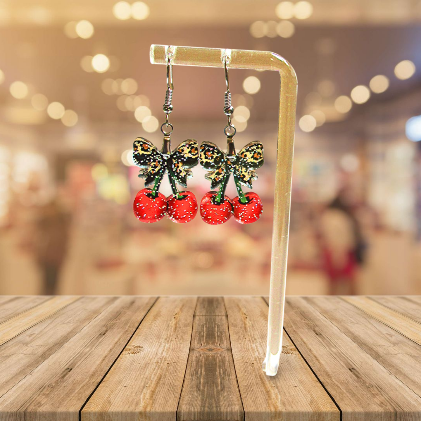 Glitter Acrylic Cherries with Bow Shaped Sublimated Earrings 1 inch