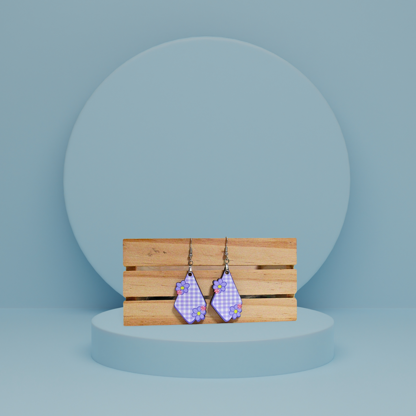MDF- Gingham Fancy Flower Shaped Sublimated Earrings 1.5 inch