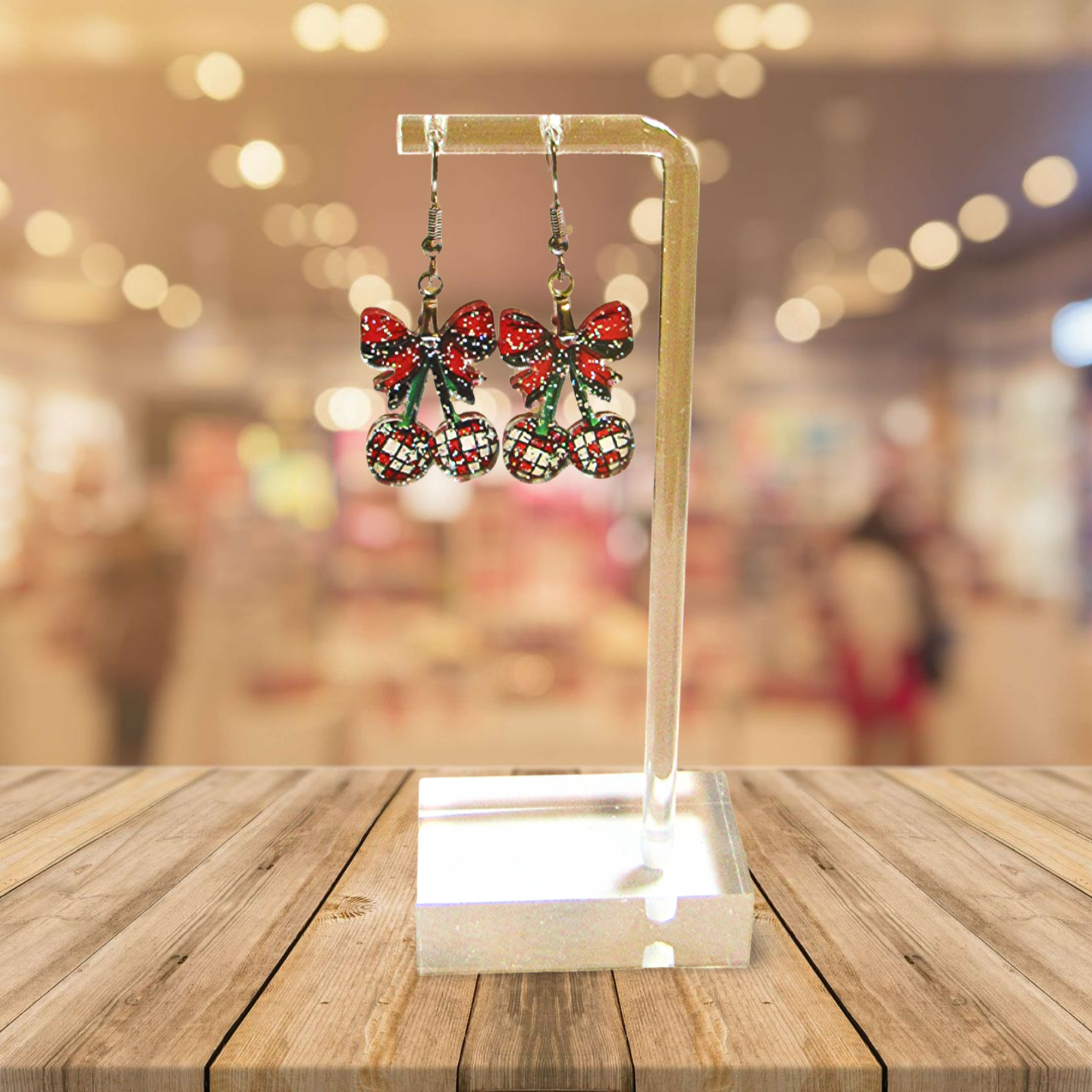 Glitter Acrylic Cherries with Bow Shaped Sublimated Earrings 1 inch