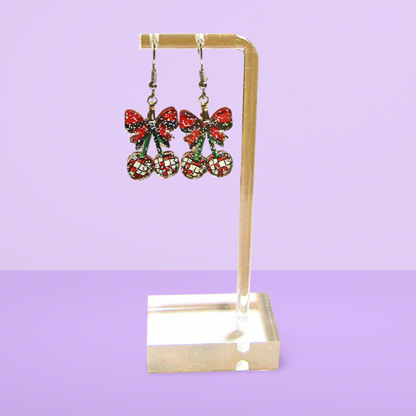 Glitter Acrylic Cherries with Bow Shaped Sublimated Earrings 1 inch