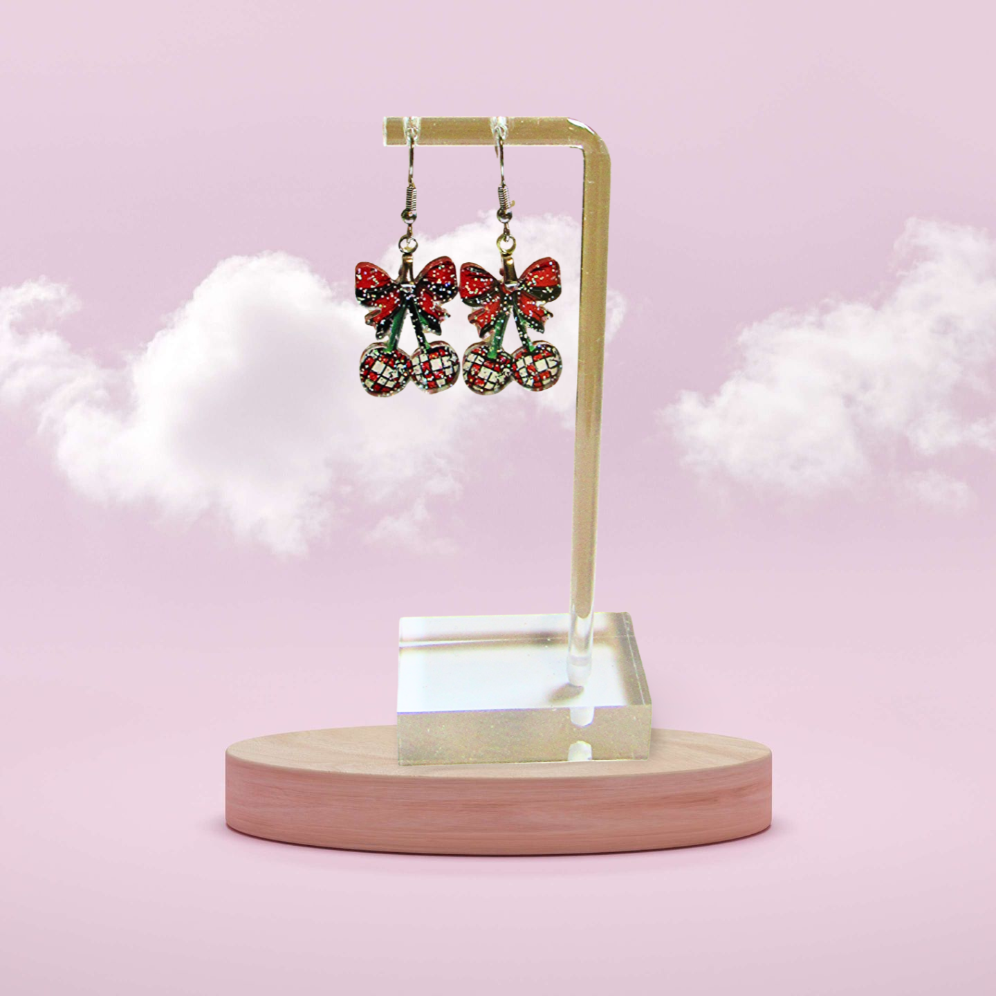 Glitter Acrylic Cherries with Bow Shaped Sublimated Earrings 1 inch