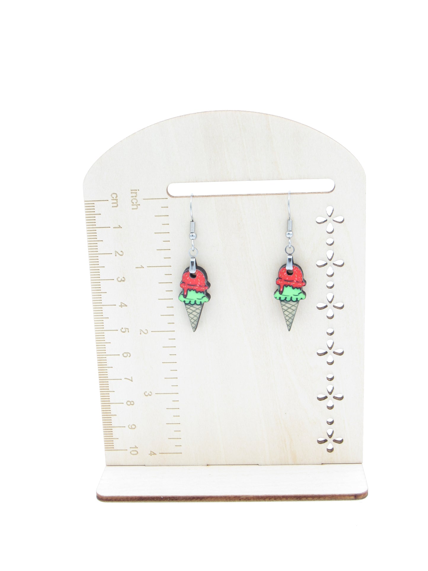 Ice Cream Cone Earrings, Sublimated MDF, Hypoallergenic Stainless Steel Wires