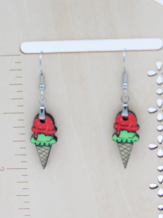 Ice Cream Cone Earrings, Sublimated MDF, Stainless Steel Wires