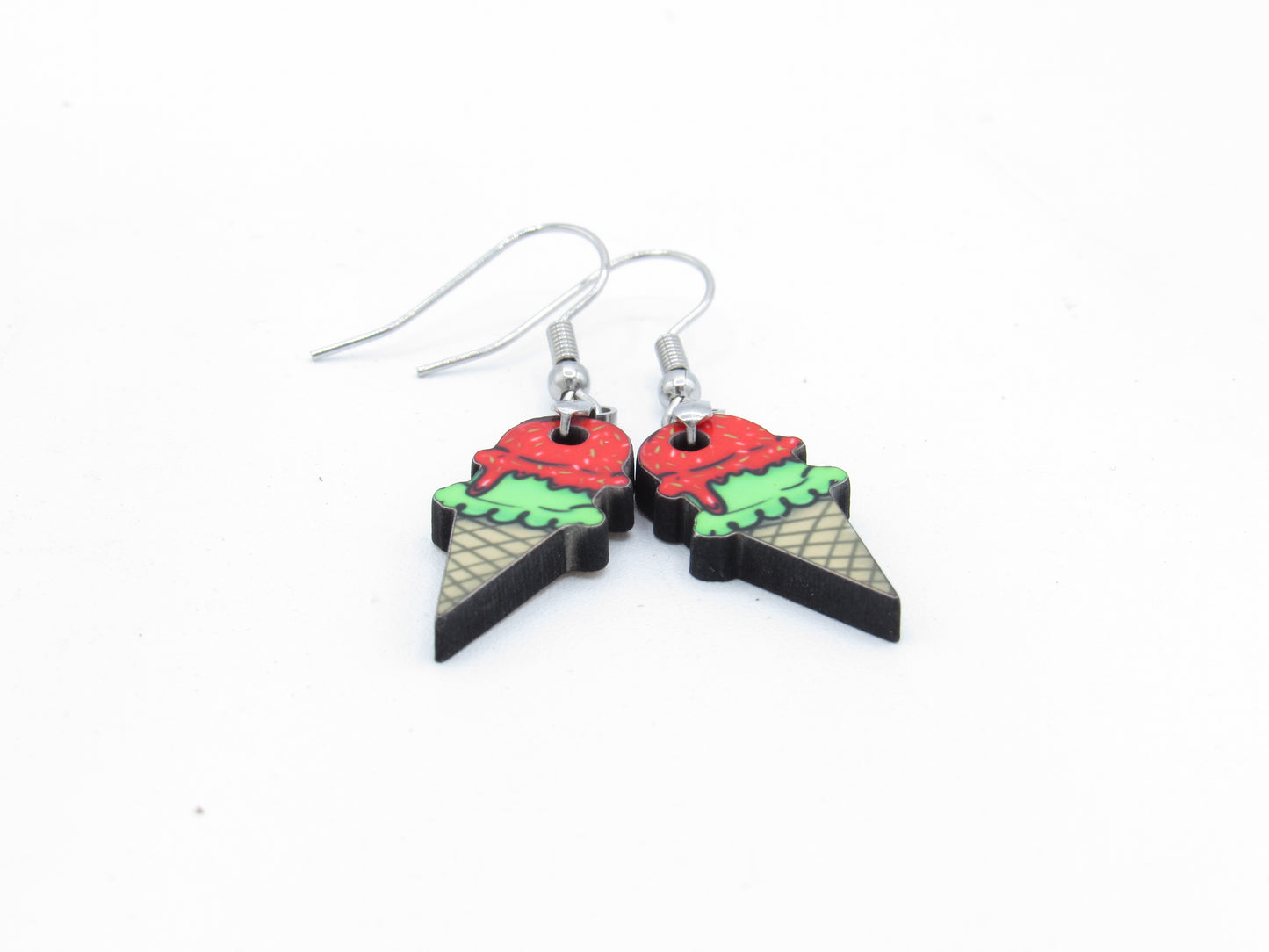 Ice Cream Cone Earrings, Sublimated MDF, Hypoallergenic Stainless Steel Wires